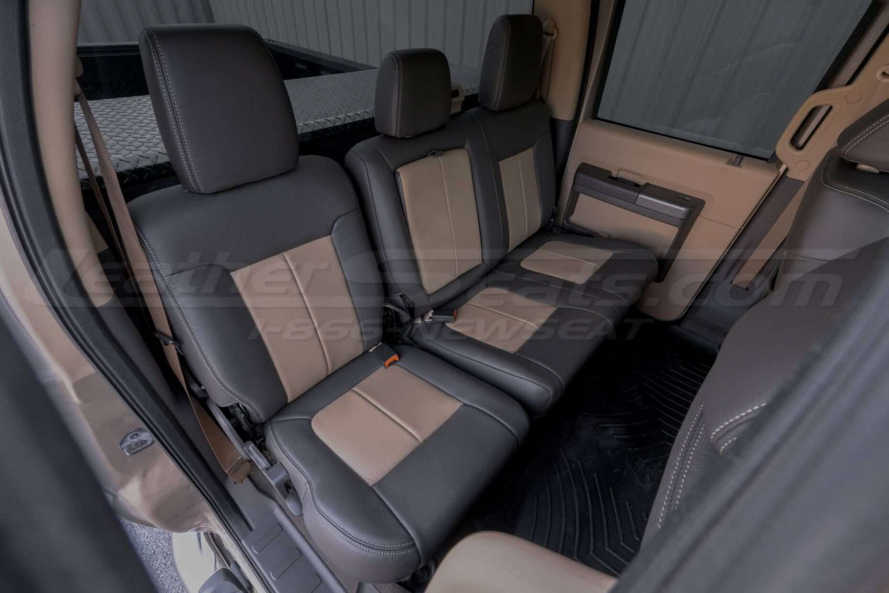 Ford Superduty Installed Leather Seats - Dark Brown & Bisque - Rear seats from passenger side