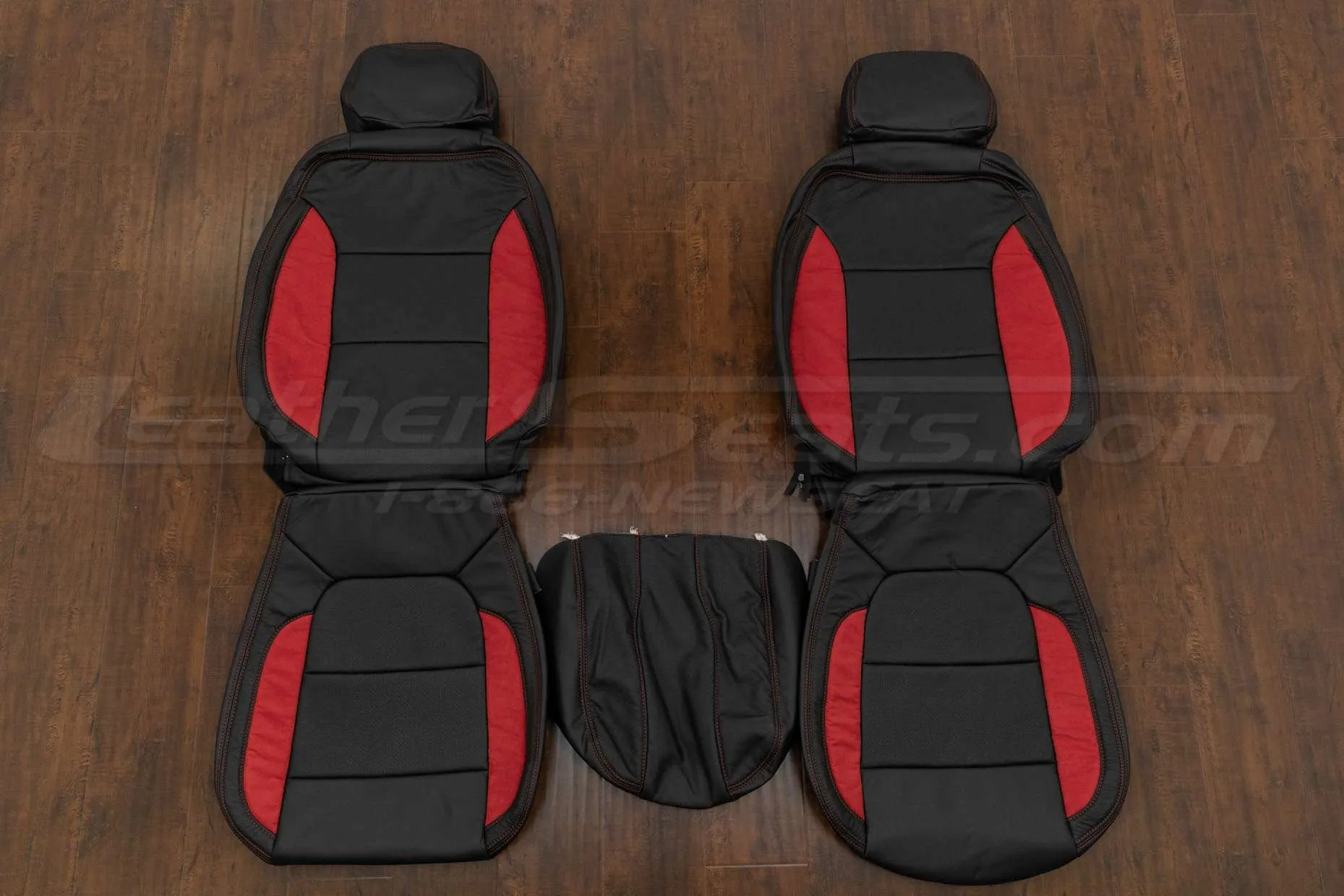 Chevrolet Silverado Leather Seat Kit - Black wi/ Red Wings -Front seat upholstery w/ Console lid cover