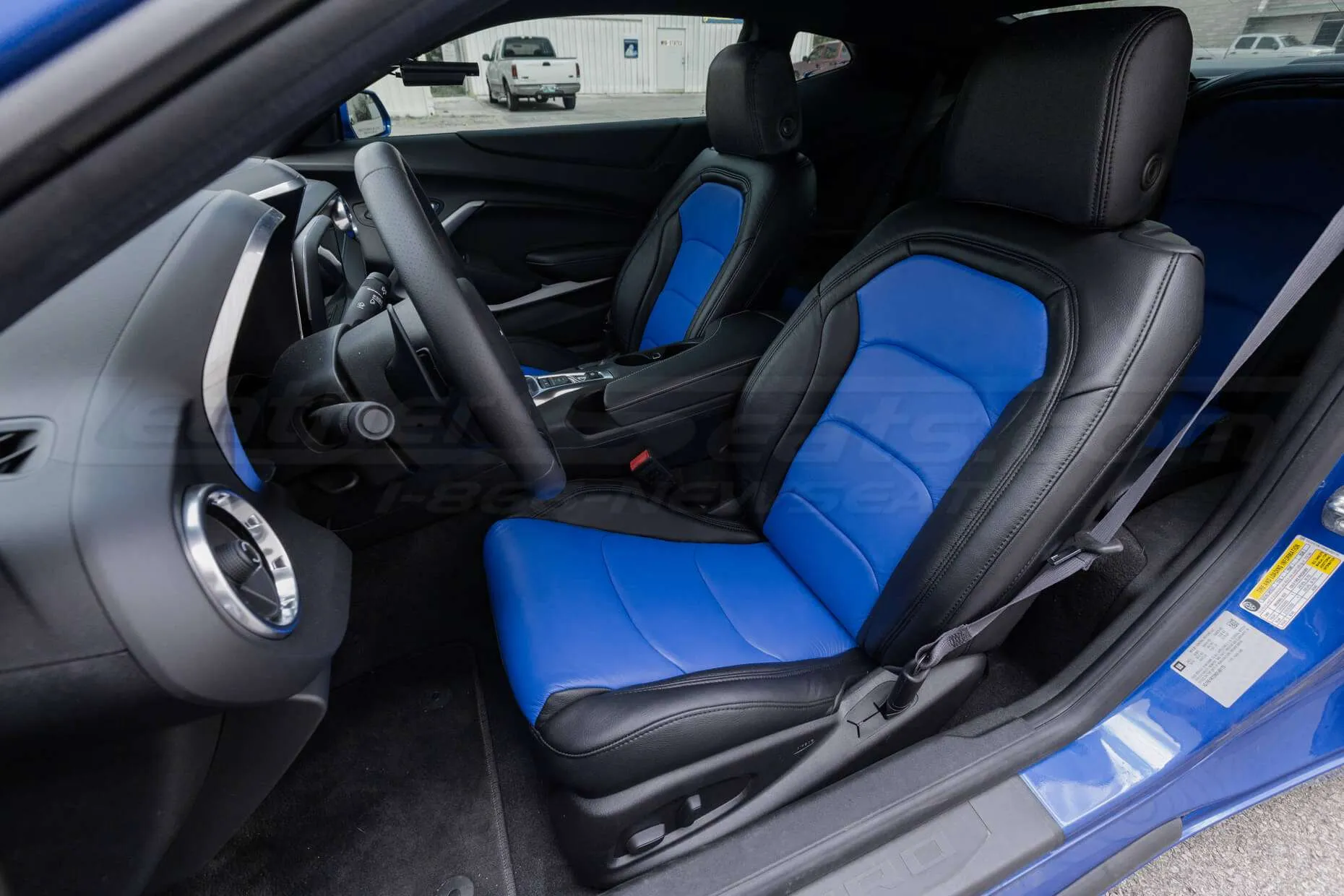 Chevy Camaro Installed Leather Seats - Black & Cobalt - Front driver seat