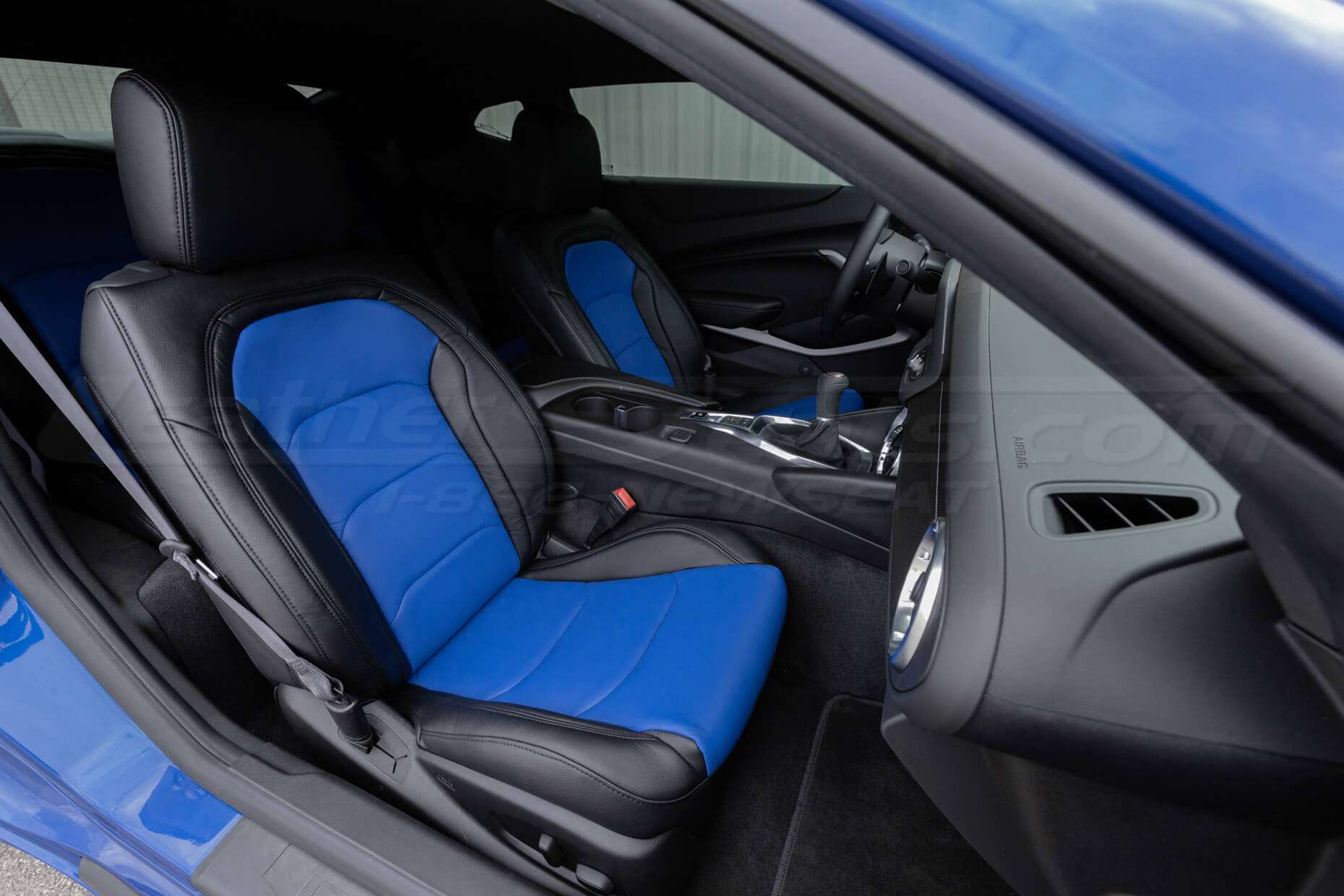 Chevy Camaro Black & Cobalt Leather seats from front passenger side