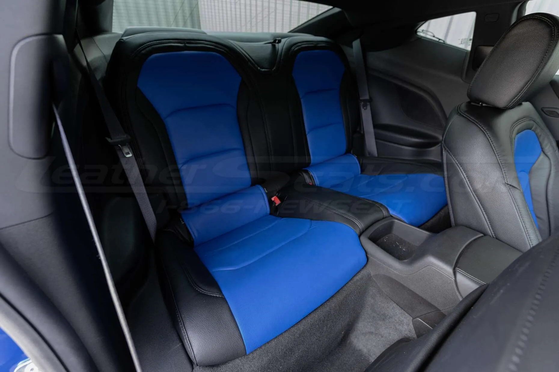 Installed Chevrolet Camaro Leather Seats - black & Cobalt - Rear seats from passenger side