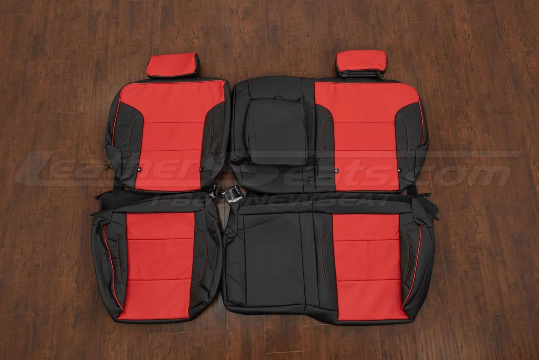 GMC Sierra LEather Seat Kits - Black w/ Bright Red Centers - Rear seat upholstery with Armrest