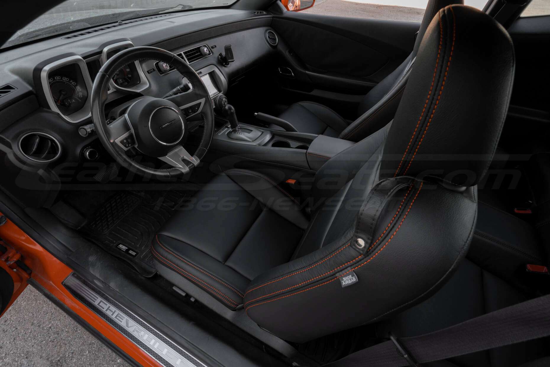 Chevy Camaro installed leather seats - Black - Top down of front driver'seat