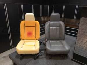Seat after removing upholstery and factory heating pads (Left) and seat with upholstery still on (right)