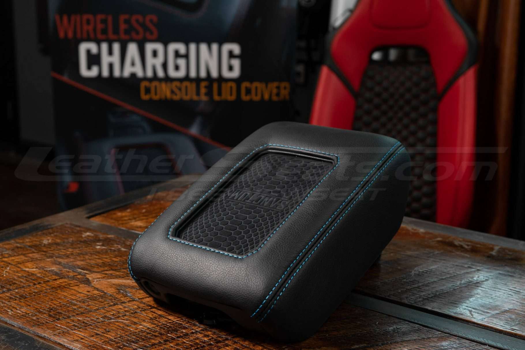Side view of Sanctum Wireless Charging Console with cobalt stitching