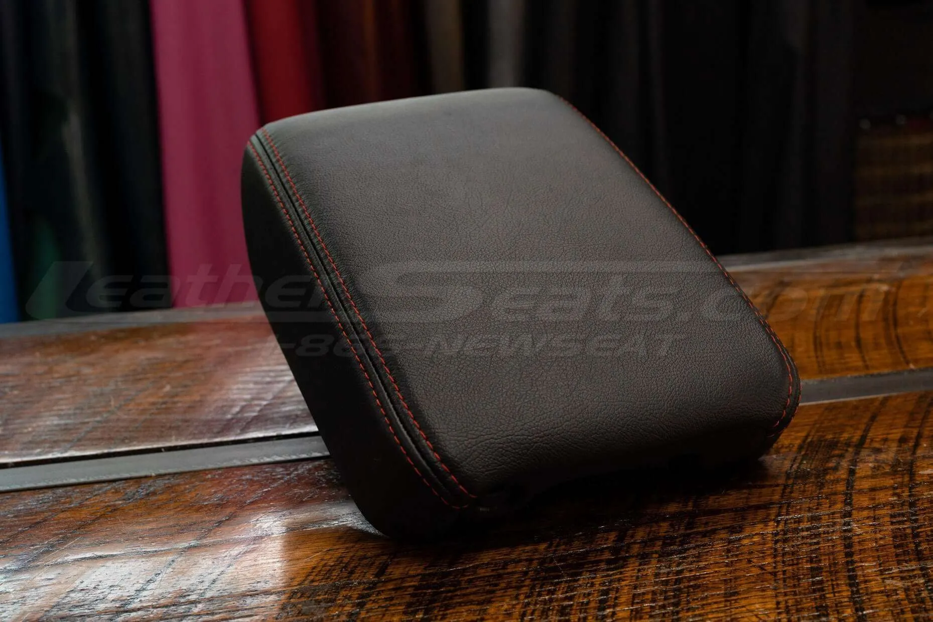 Black leather with Red contrasting stitching console lid cover replacement