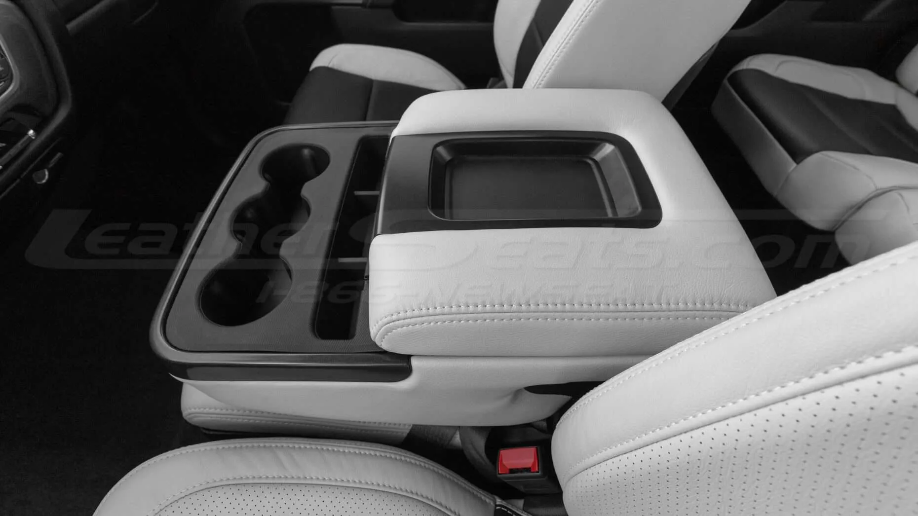 Side view of Alabaster & Black leather console cover for Chevrolet & GMC trucks
