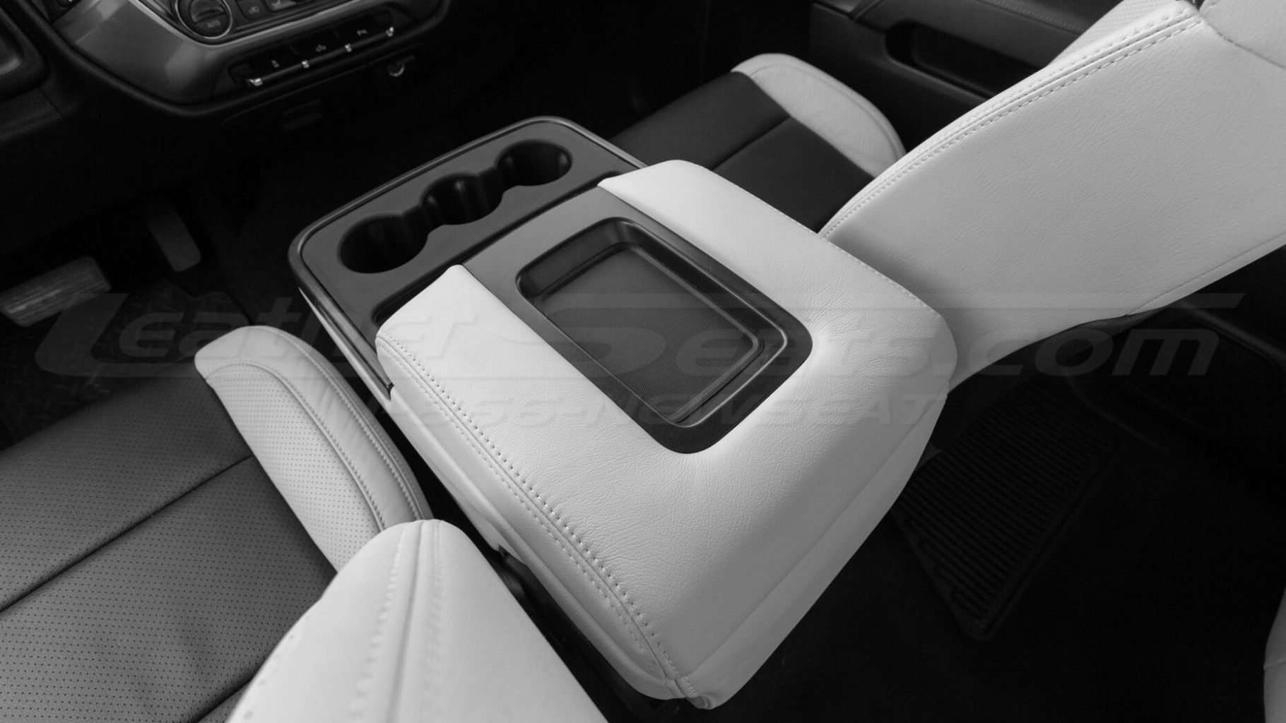 Back view from passenger side of custom leather console lid cover