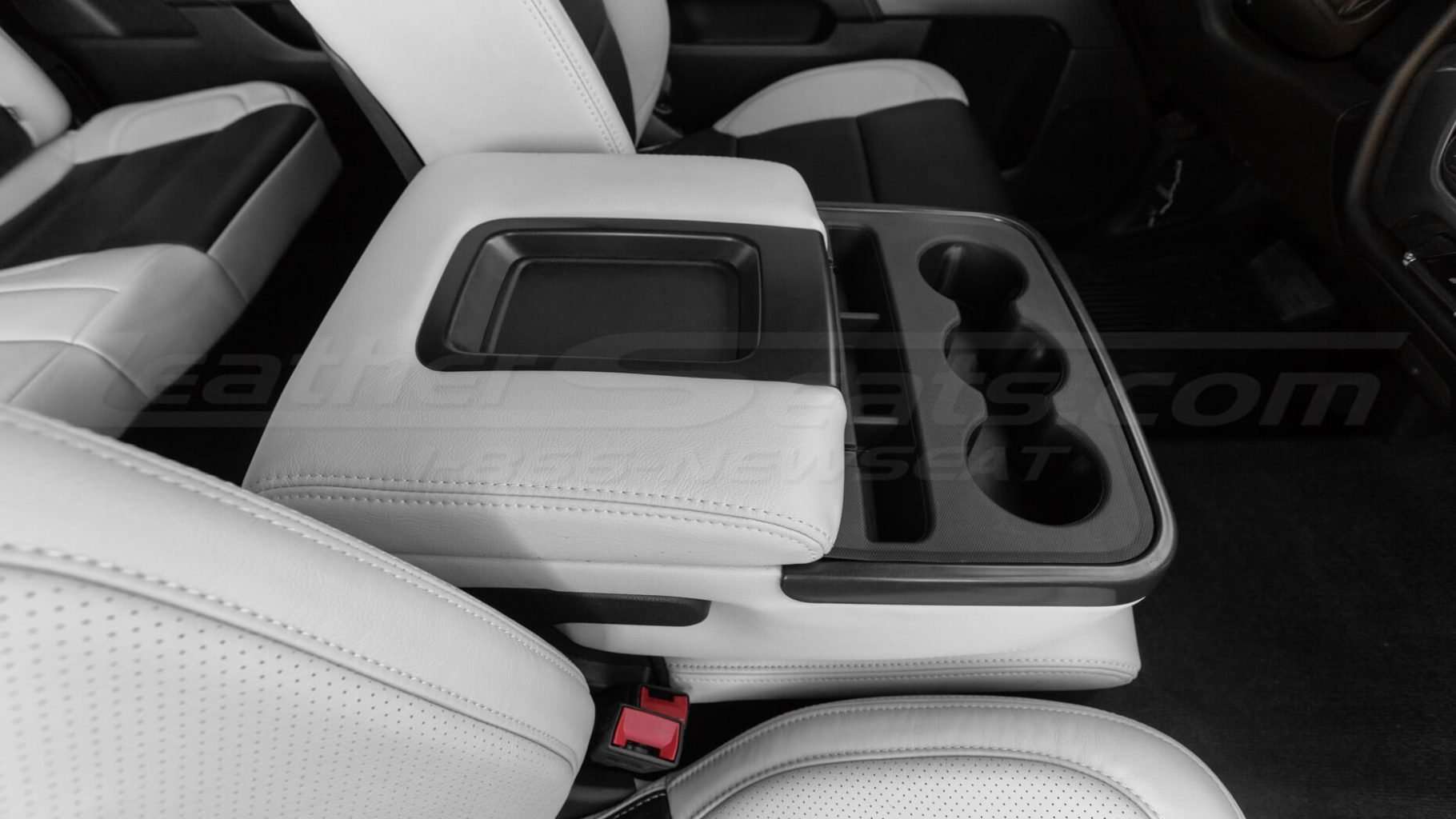 Passenger side view of leather console lid cover