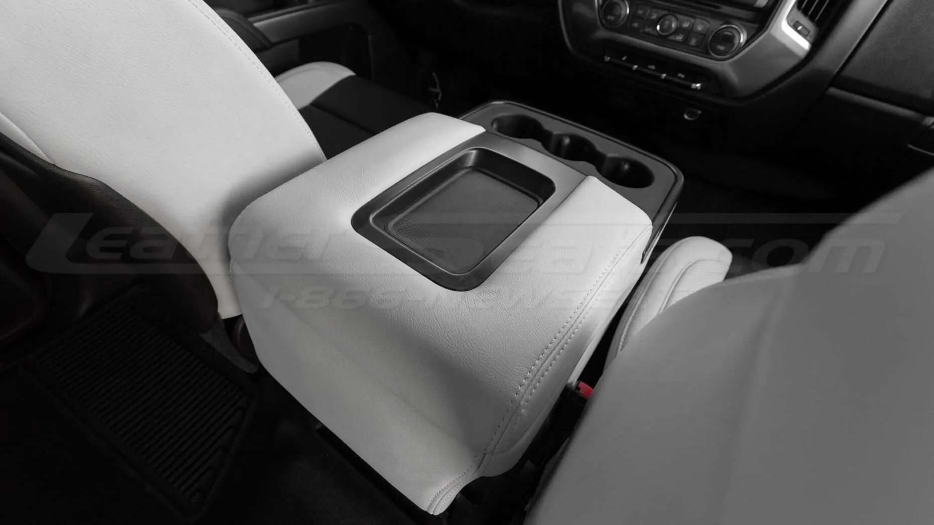 Back view from passenger side of installed leather console lid