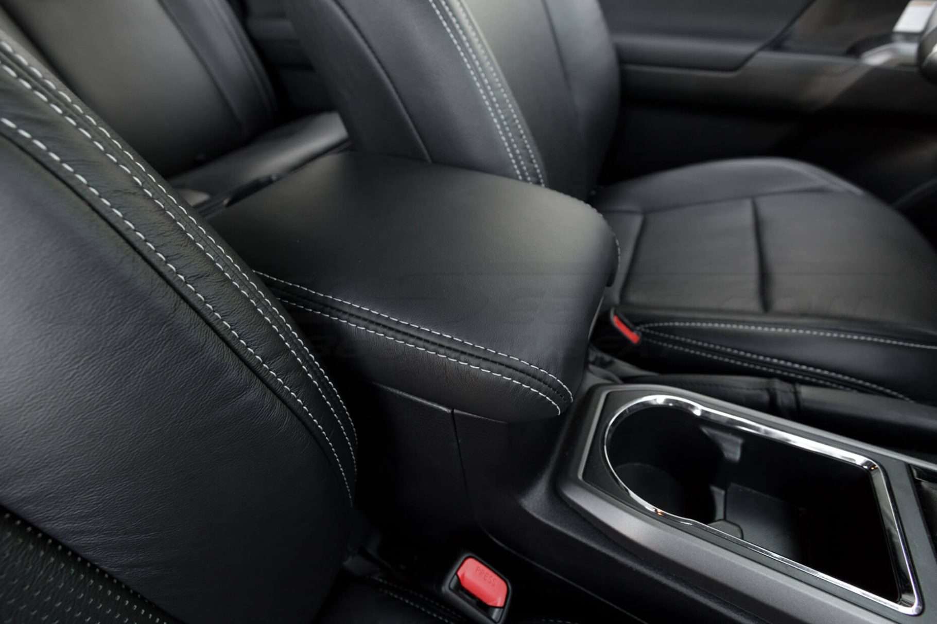 Black leather console lid with white constrast sitching - 2016-2022 Toyota Tacoma