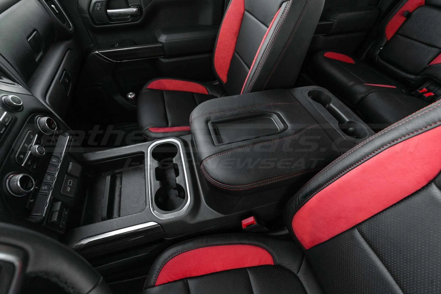 Black leather console lid cover with Bright Red stitching