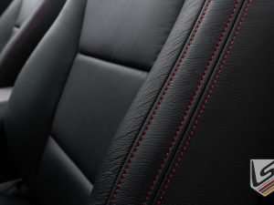 Contrasting double-stitching in Cardinal close-up