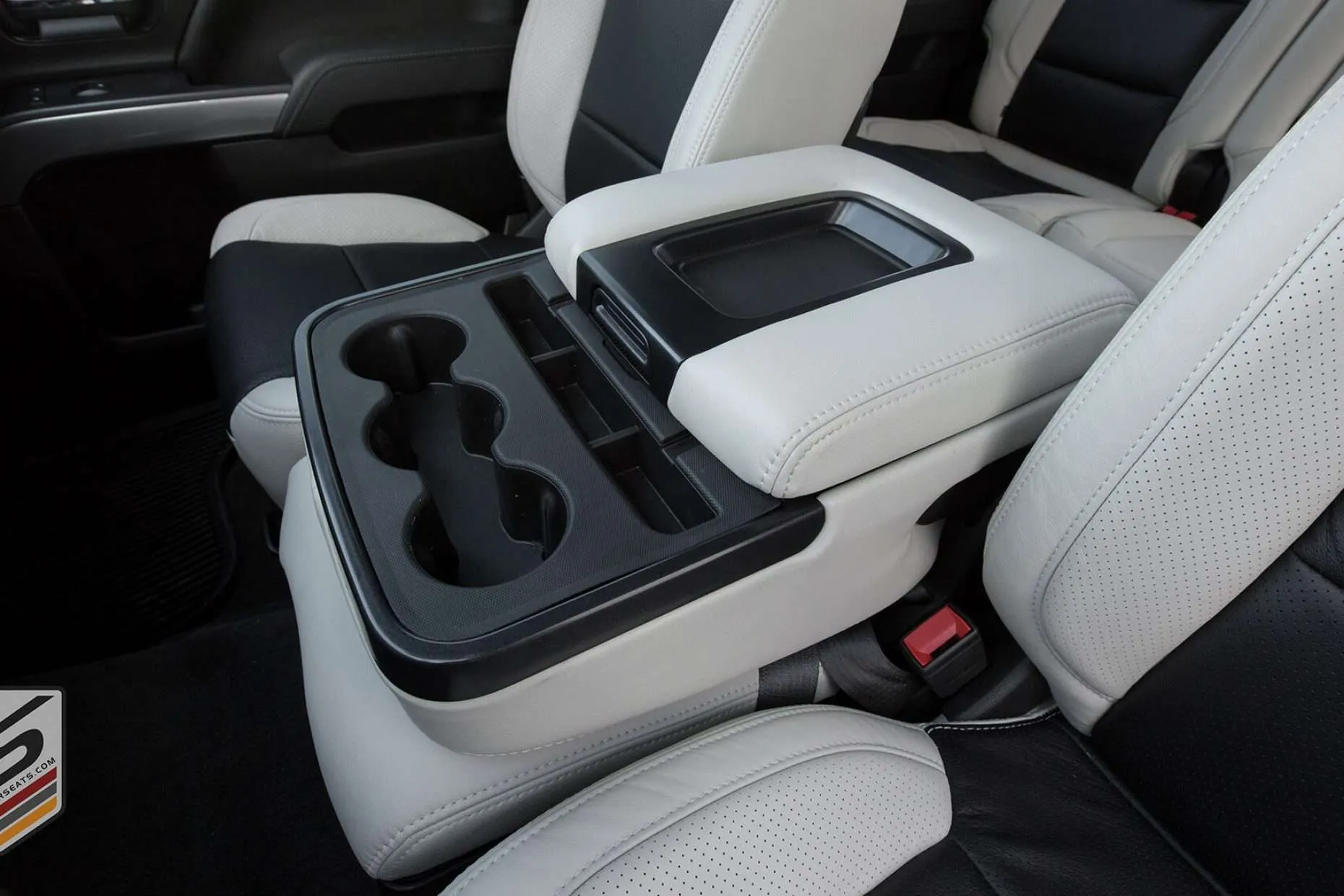 Front view of custom leather console lid cover