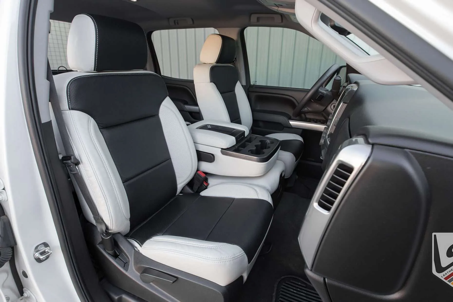 Chevrolet Silverado with leather interior in Alabaster & Black - Passenger side