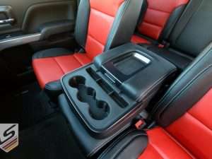 Black leather console lid cover with contrasting Silver stitching