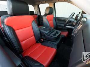 Chevrolet Silverado with custom leather interior - Front row interior from passenger side