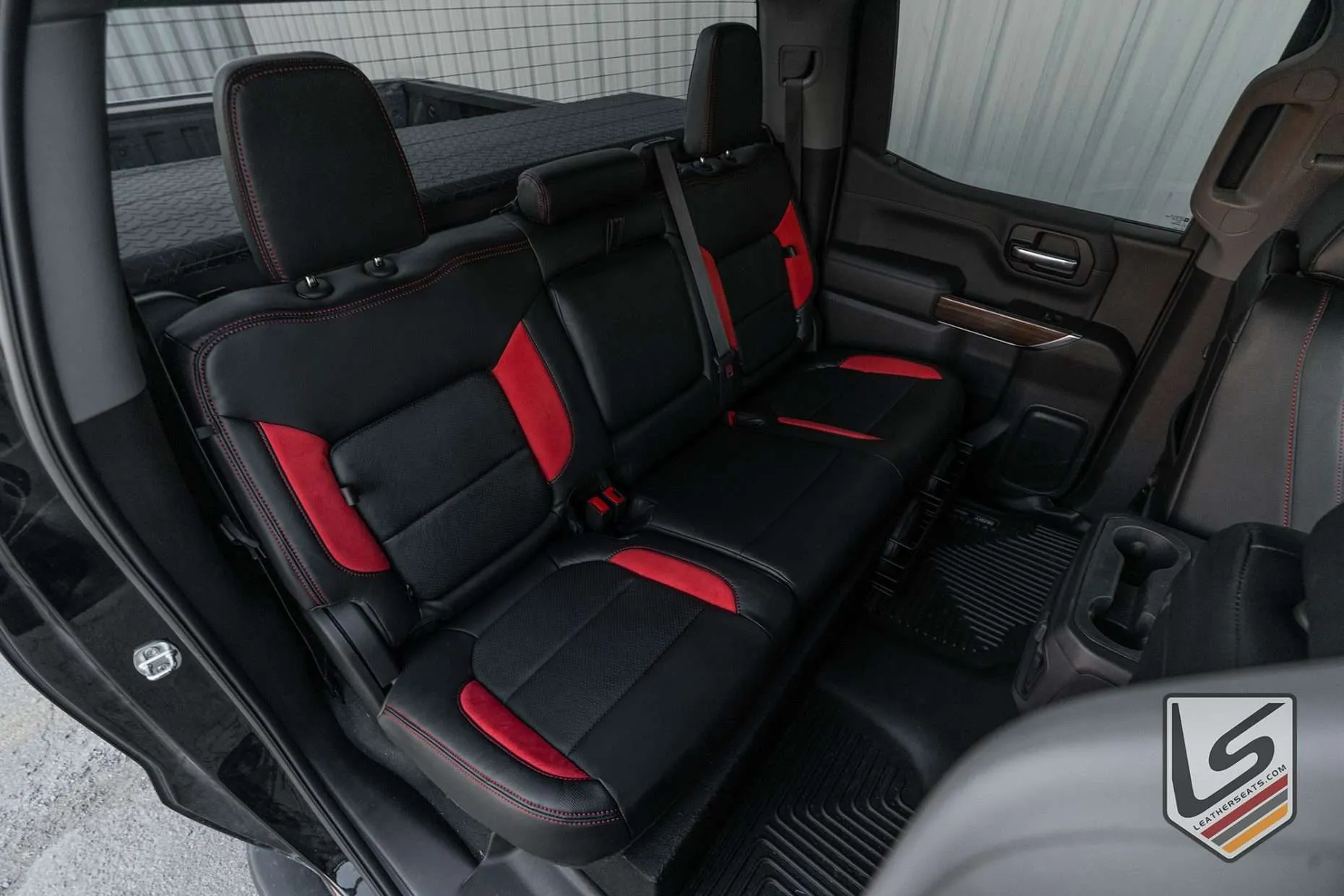 Rear seats from passenger side - Chevy Silverado Black w/ Red Suede - - Gallery Image