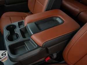 Two-Tone leather console lid cover in Black & Mitt Brown with contrasting Dove Grey stitching
