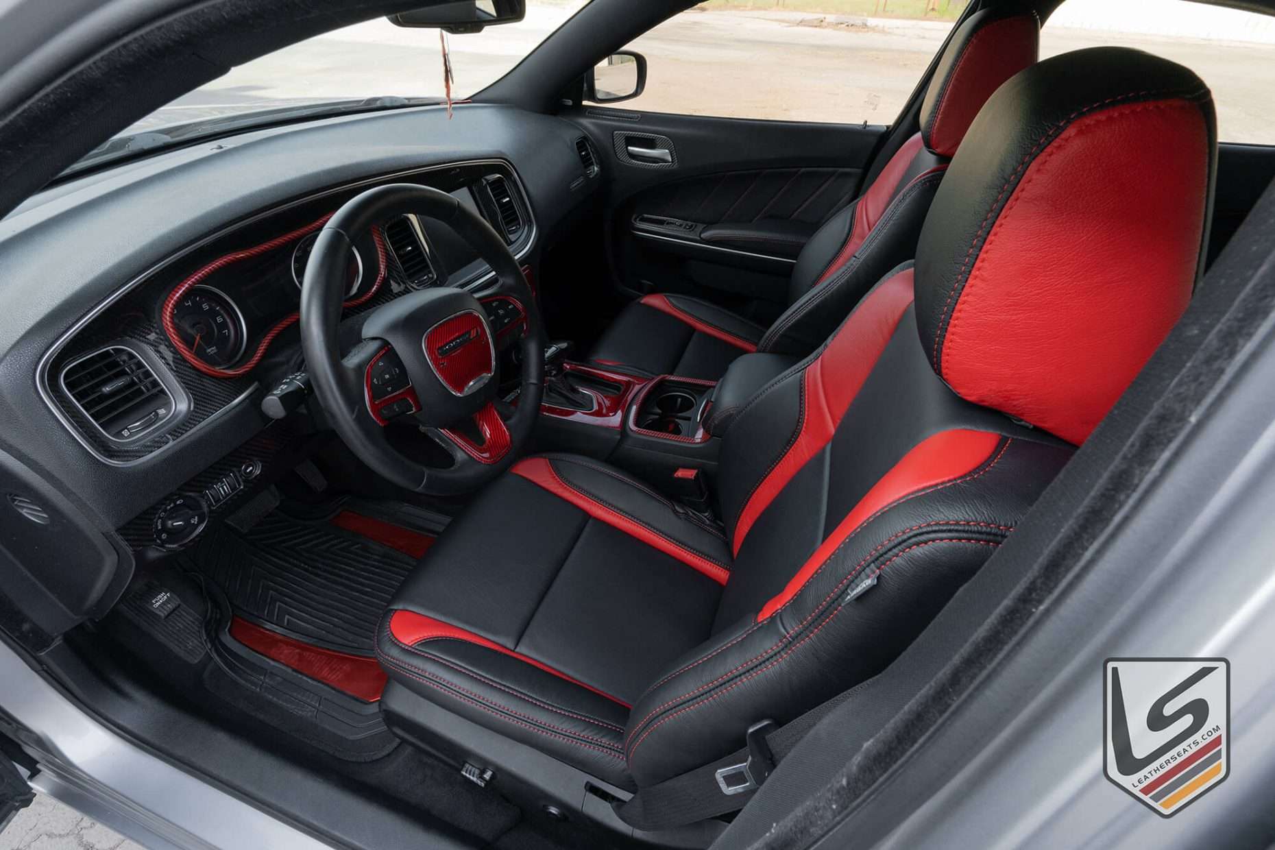 Top-down view of Dodge Charger BLack and Bright Red leather seats