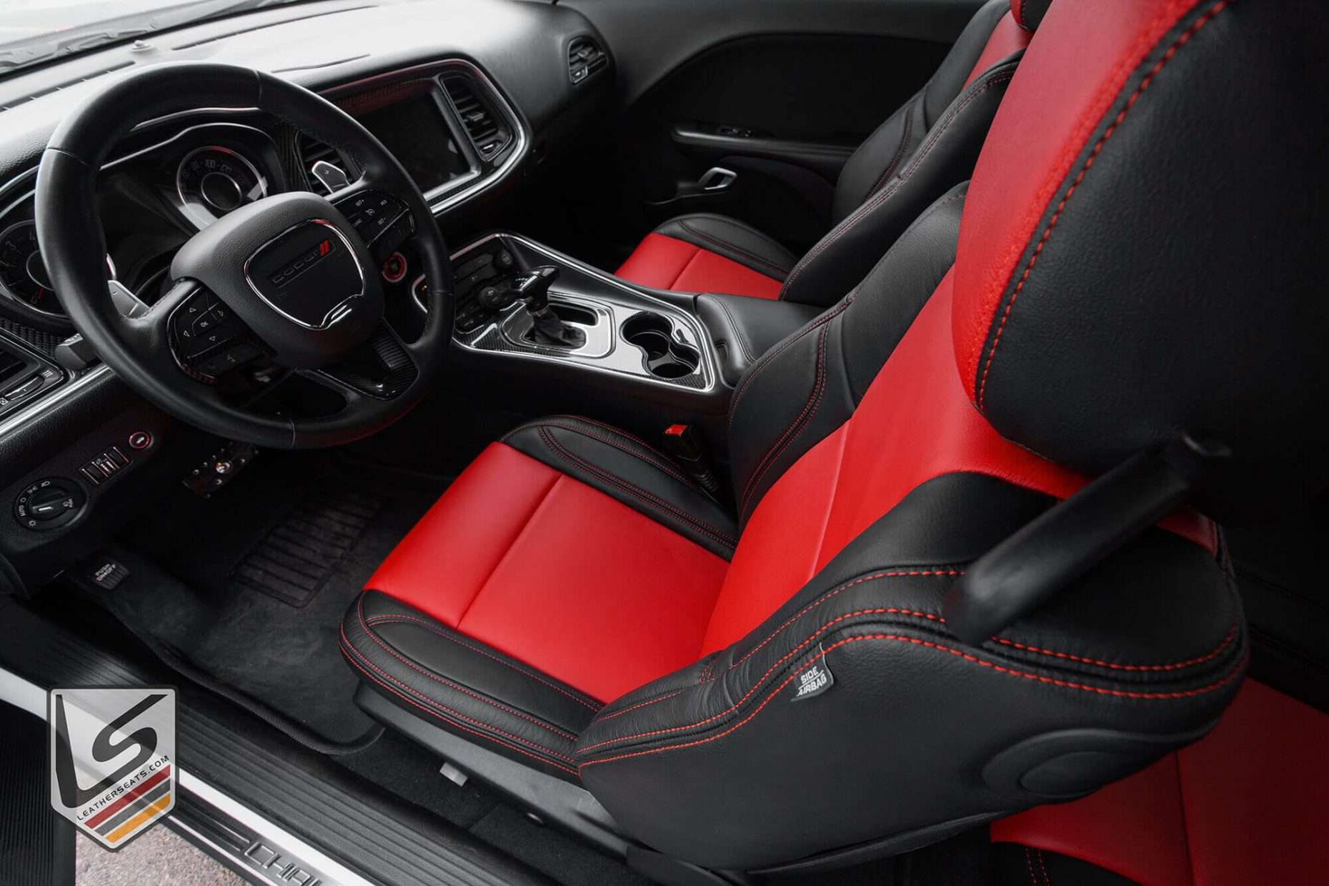 Dodge Challenger top-view of front driver seat with Bright Red stitching