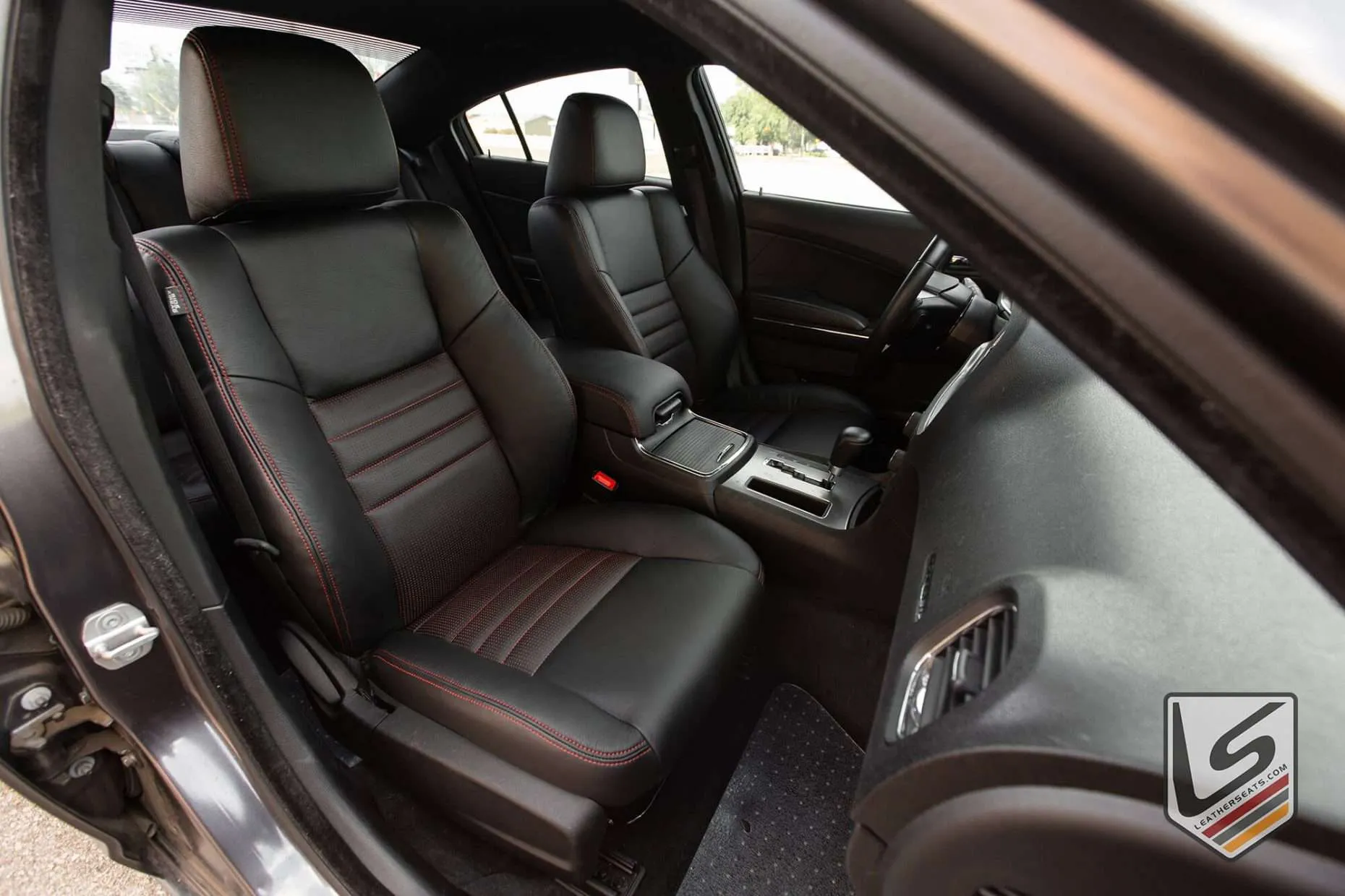 Front seat passenger view of Dodge Charger with leather seats
