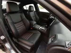 Front seat passenger view of Dodge Charger with leather seats
