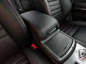 Front view of custom leather console lid