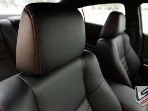 Headrest close-up with contrasting Red stitching