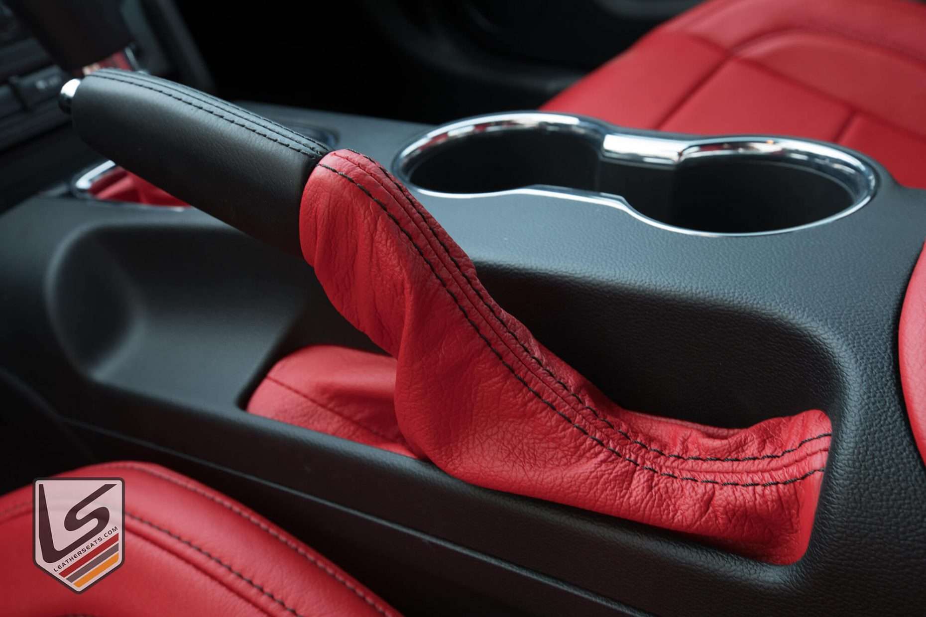 Custom leather emergency brake cover for Ford Mustang