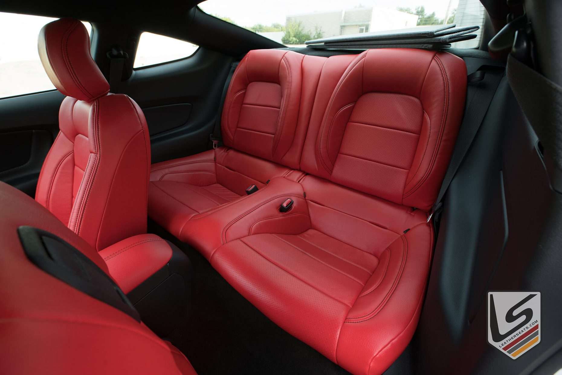 2015-2022 Ford Mustang with Bright Red leather seats - Rear seat from driver side