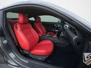 Leatherseats.com custom Mustang interior in Bright Red with Black stitching