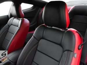 Bright Red & Black leather headrest with contrasting Bright Red stitching