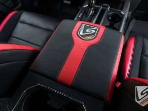 Custom leather console lid in Black & Bright Red