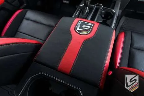 Custom leather console lid in Black & Bright Red