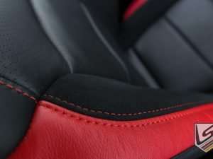 Black Suede Bolsters, Bright Red Wings, Contrasting Bright Red stitching
