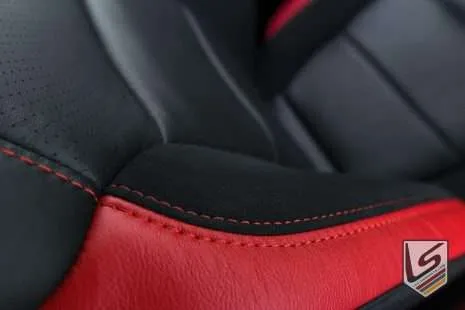 Black Suede Bolsters, Bright Red Wings, Contrasting Bright Red stitching