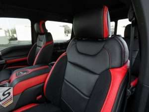Front backrest section and headrest of Ford Raptor leather interior