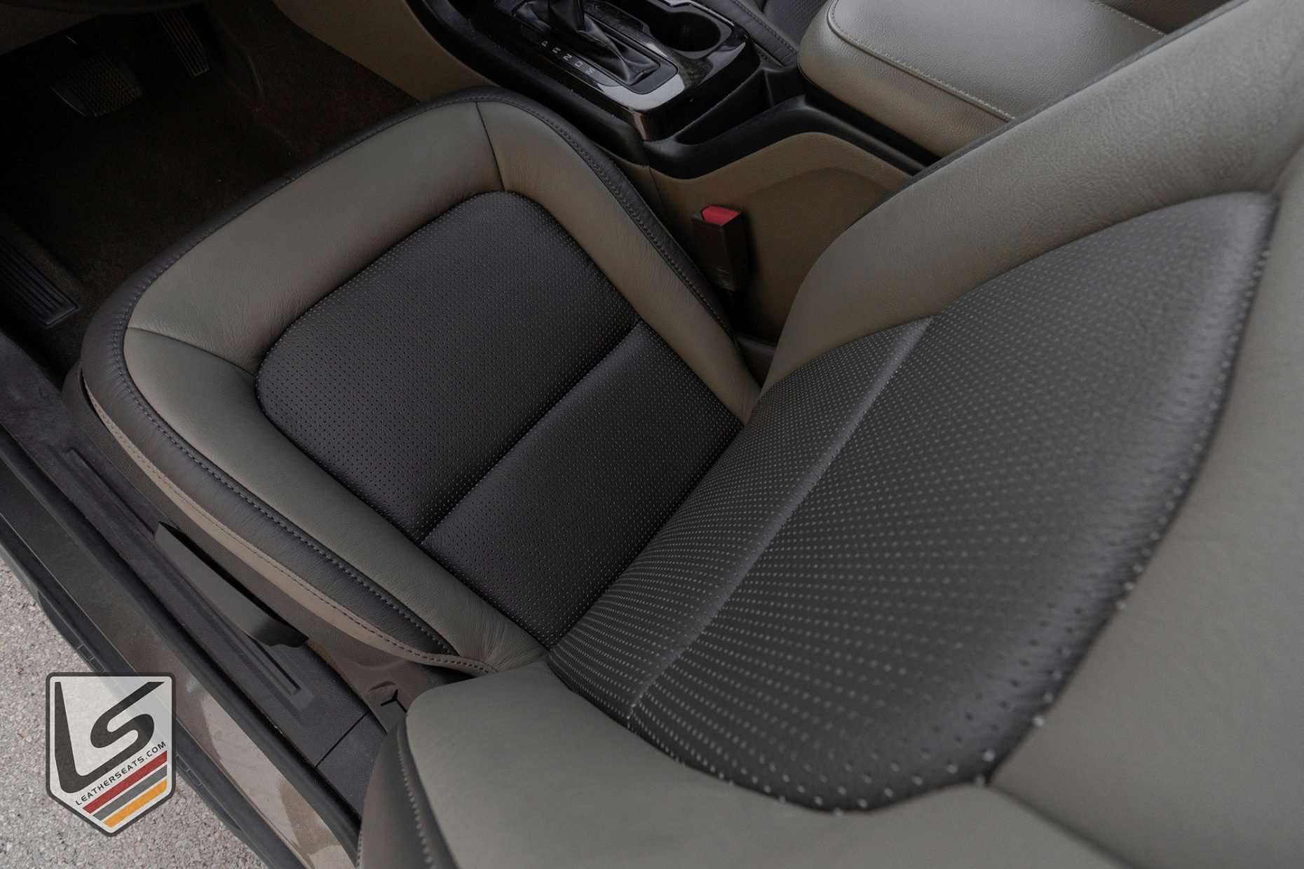 Top down view of front driver seat showing Piazza Perforated Java