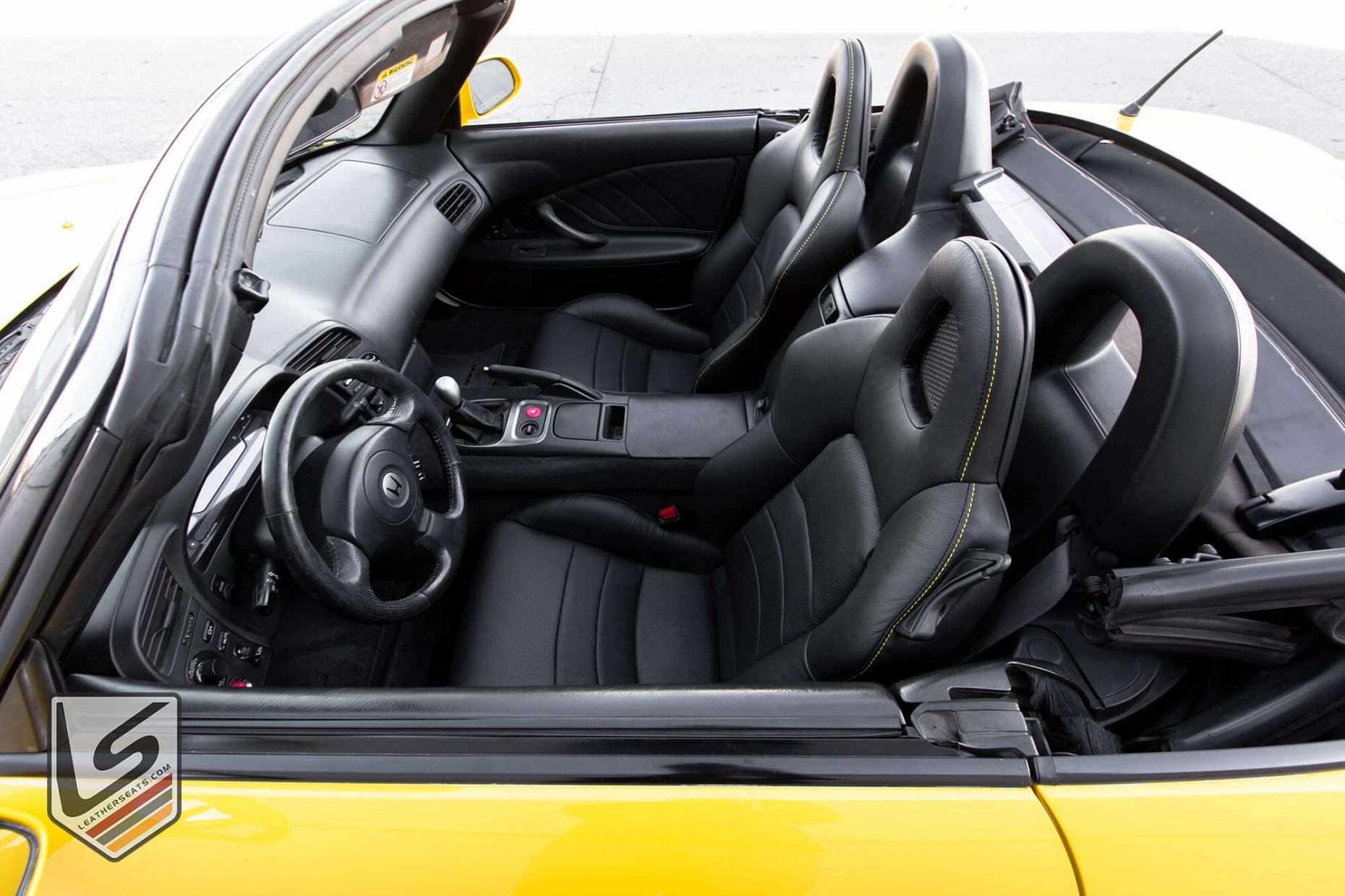 Alternative aerial view of installed leather seats for Honda S2000 Roadster