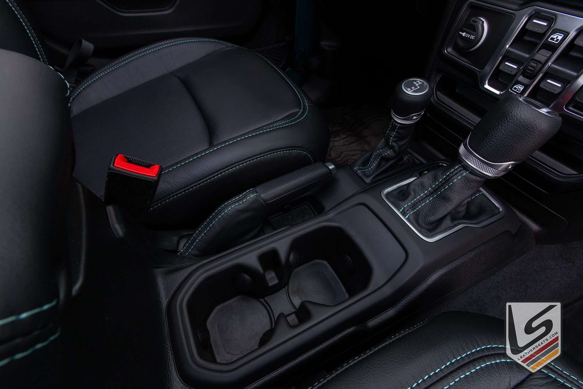 Black leather small parts with contrasting Turquoise stitching