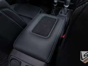 Black leather phone charging console lid
