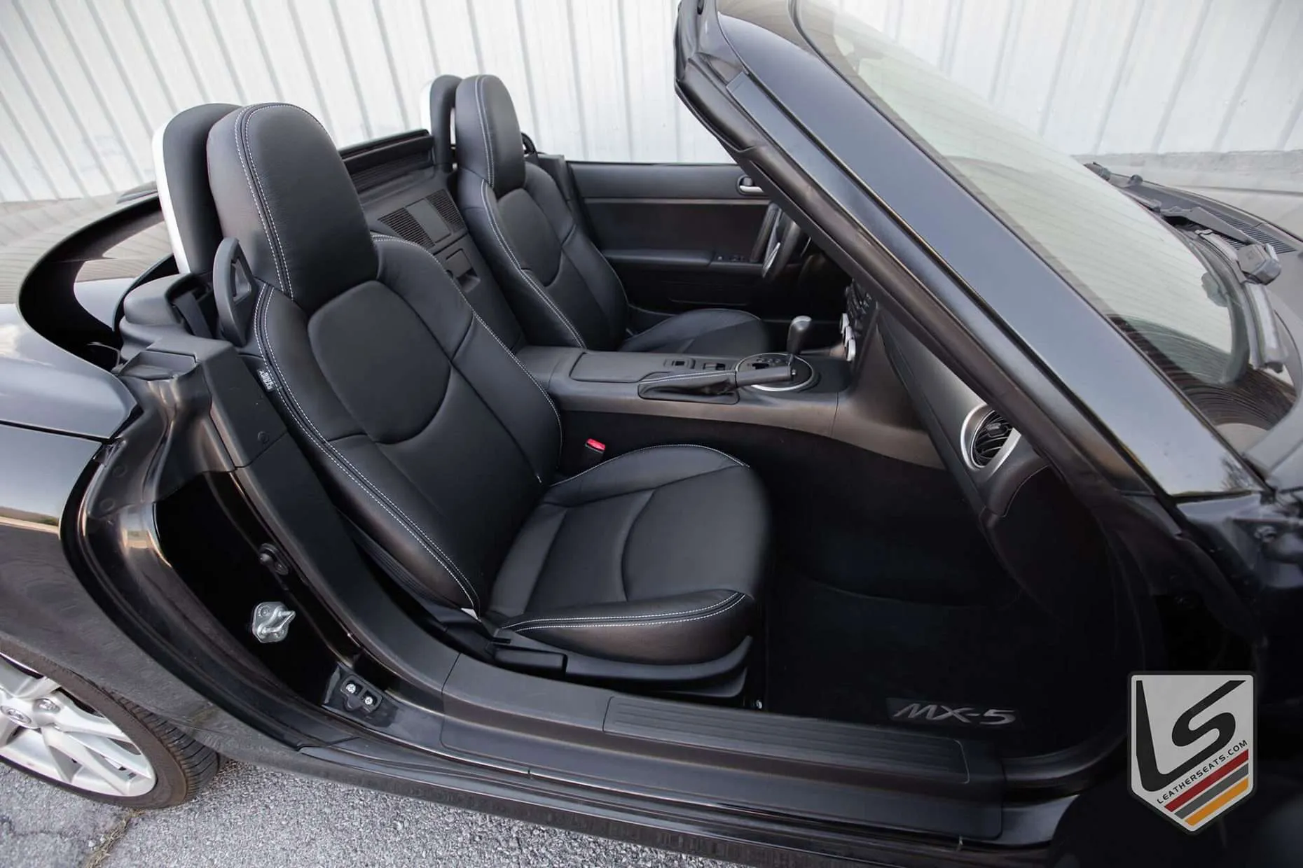 Top down view of custom leather interior for Mazda Miata