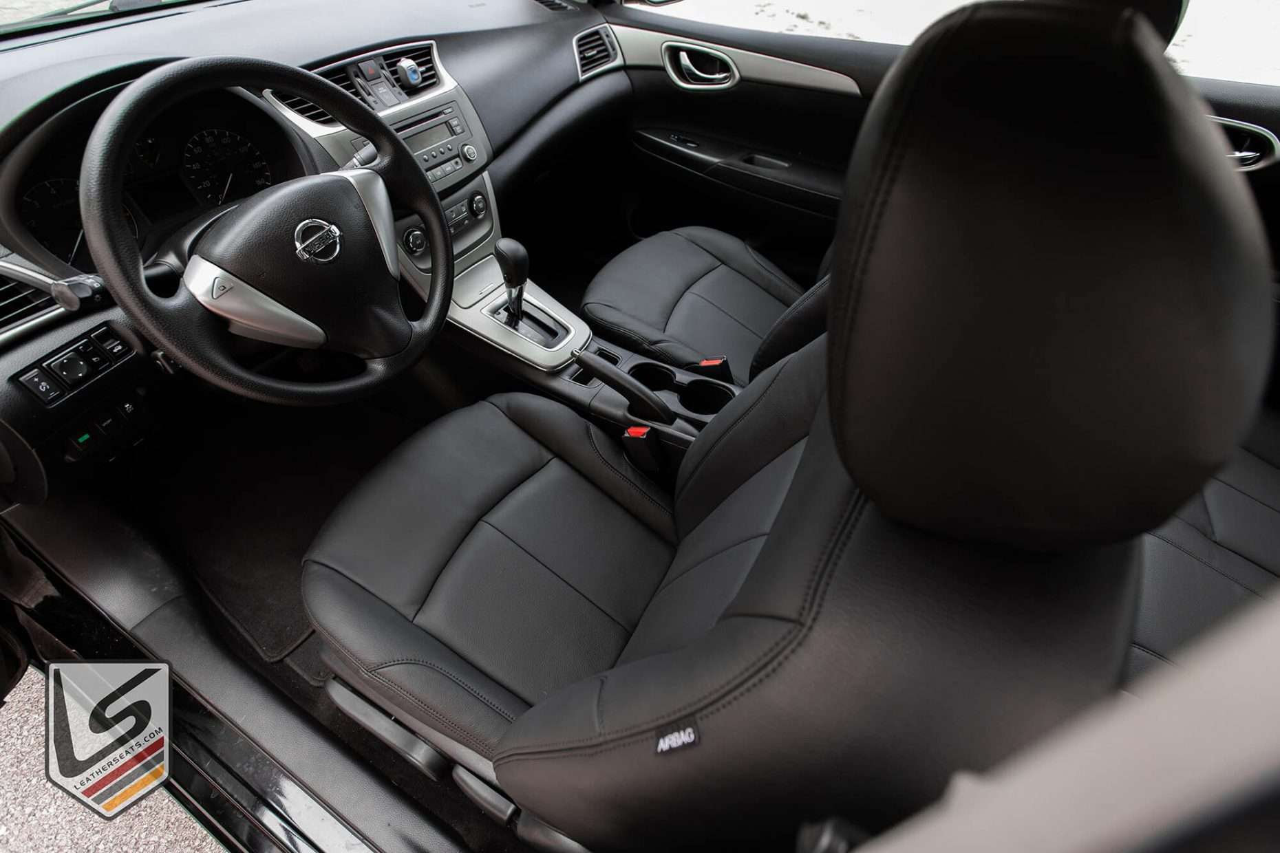 Top down view of Black custom leather seats