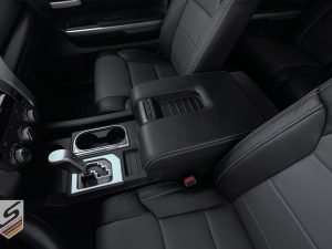 Black leather console lid cover wtih silver stitching