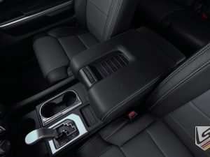 Top-down front view of leather console lid cover