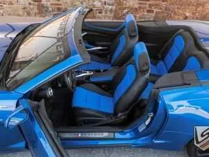 Top-down convertible aerial view of Blue Chevy Camaro SS