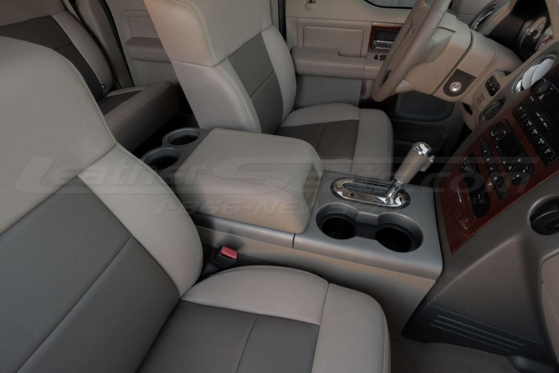 Passenger side view of installed leather console lid cover