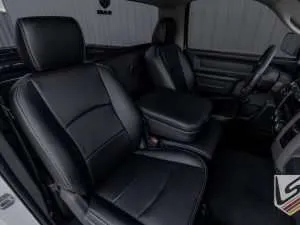 Passenger view of 2009 Dodge Ram with installed Black leather seats