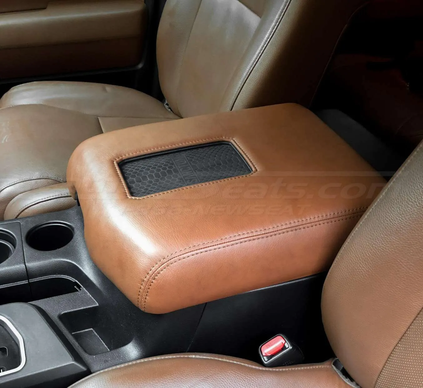 Chocolate leather qi charging console with chocolate stitching